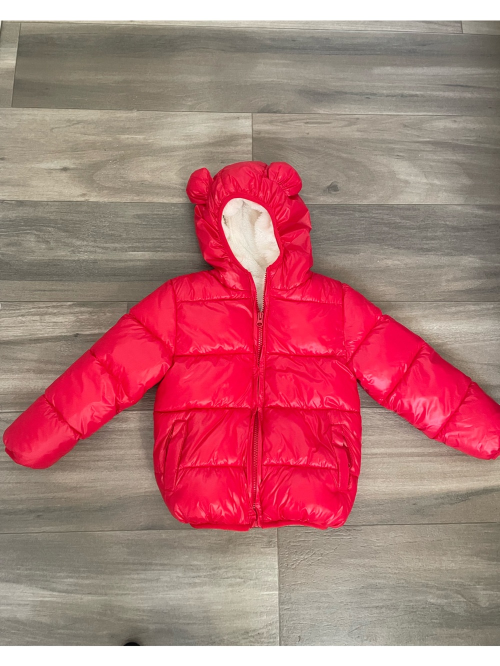 Toddler Red Puffer Zip-Up Jacket with Sherpa Lining Possibly 18months-2T